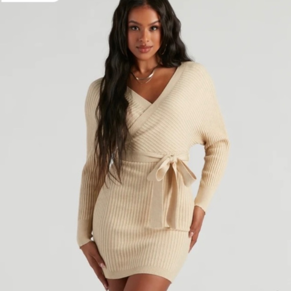 Windsor Women Ribbed Knit Tie-Front Mini Sweater Dress NEW